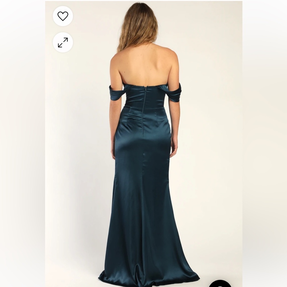 Teal satin off the shoulder maxi dress with high slit - Lulus - Picture 3 of 4